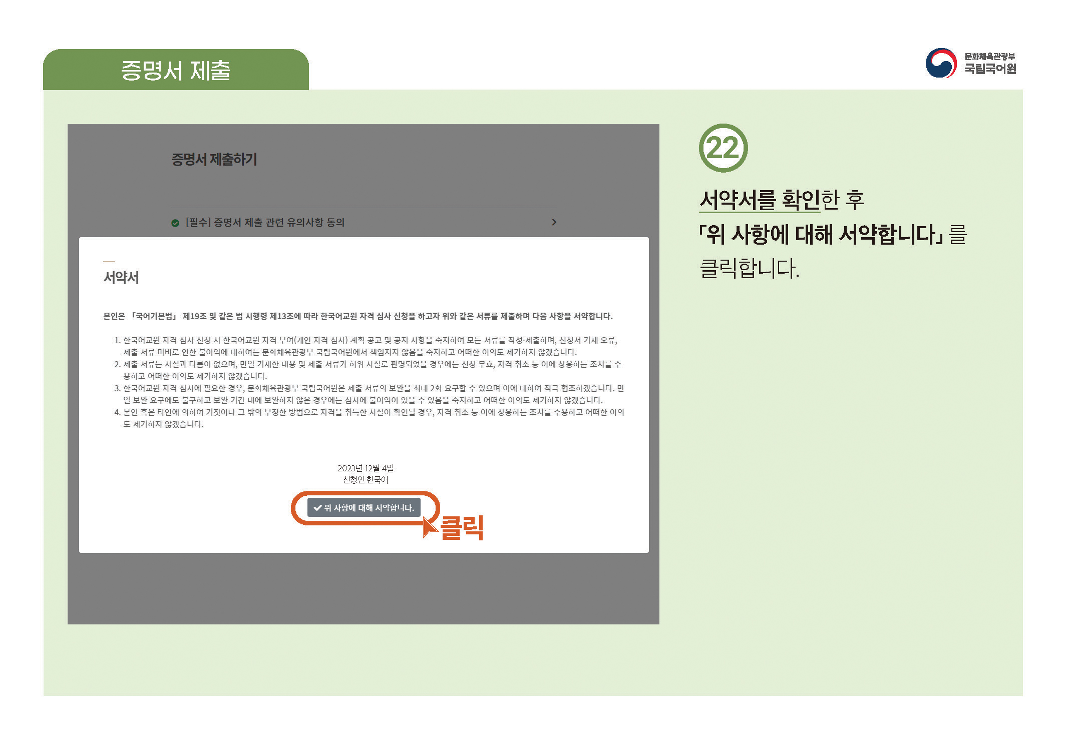 한국어교원 자격부여(개인 자격 심사) 신청 방법 안내 PDF 캡처:페이지 상단에 PDF 첨부