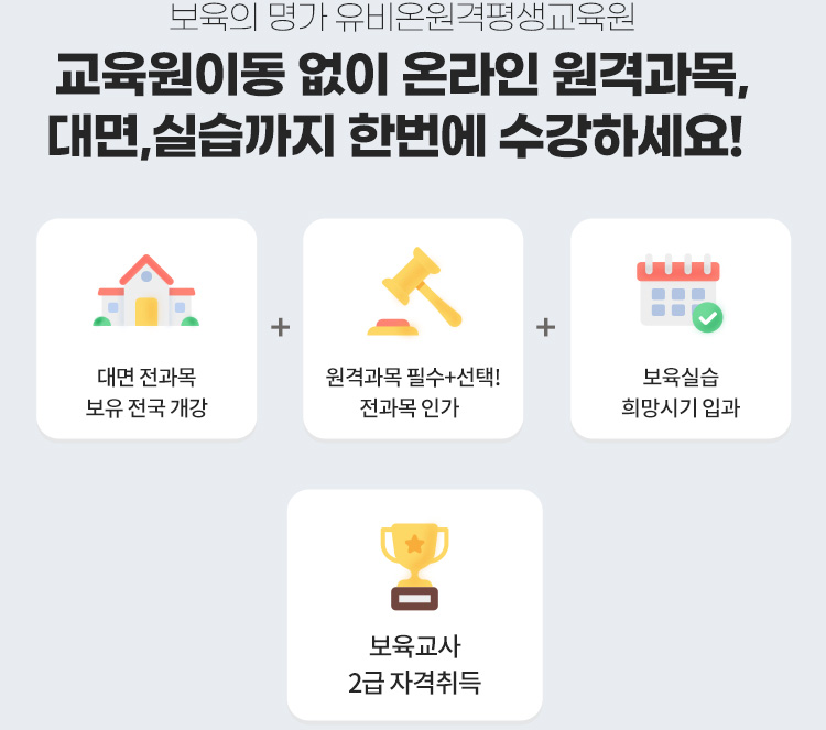 보육의 명가 유비온원격평생교육원. 교육원 이동 없이 온라인 원격과목, 대면,실습까지 한번에 수강하세요 도식화 : 아래 설명